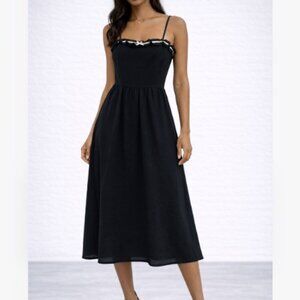 Liberty Love Black Ruched Back Midi Dress XL Bow Feminine Cottage Peasant Fairy